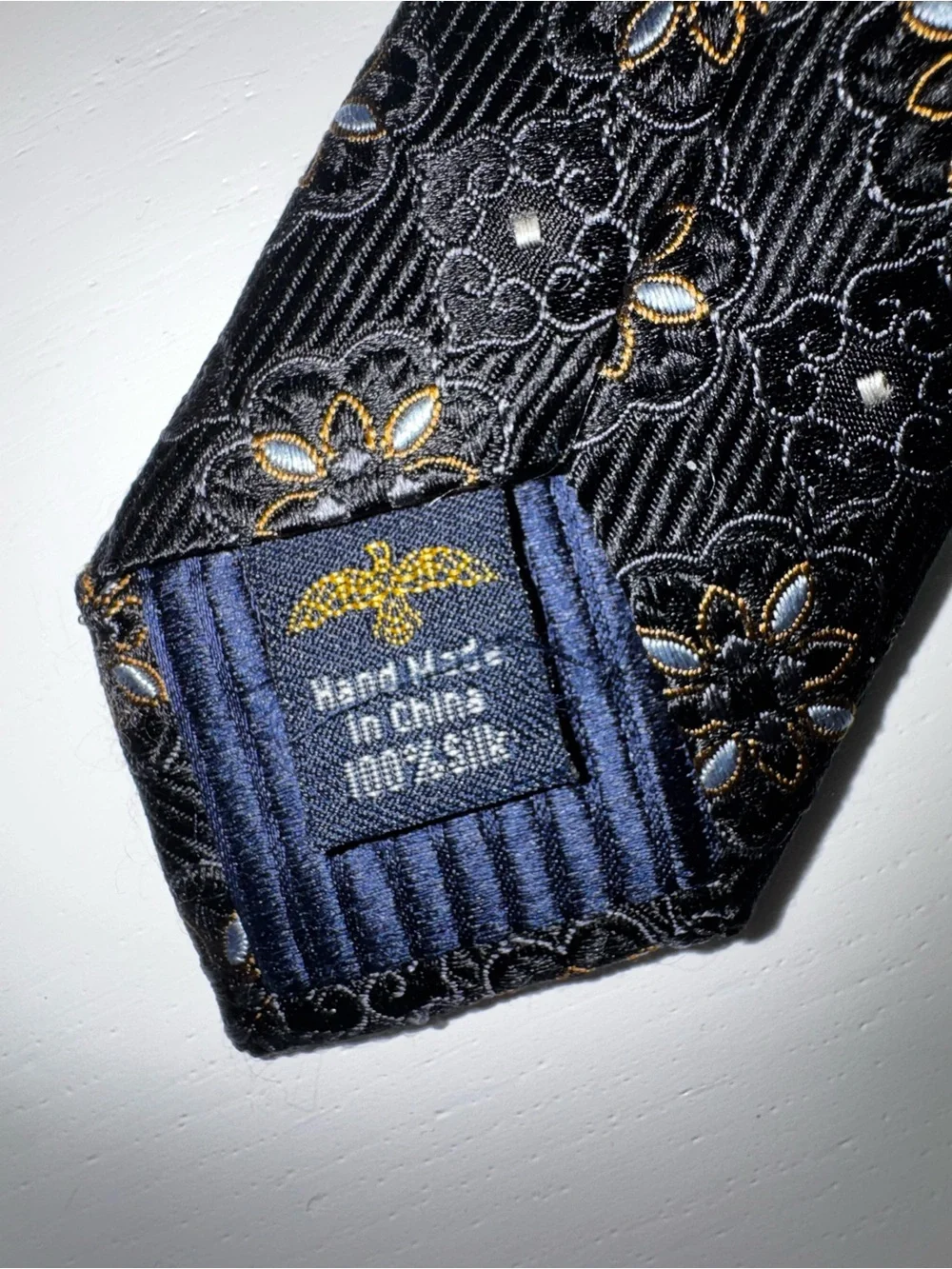 Eagle Men's Woven 100% Silk Floral Pointed Tie Black Gold Blue Logo Handmade